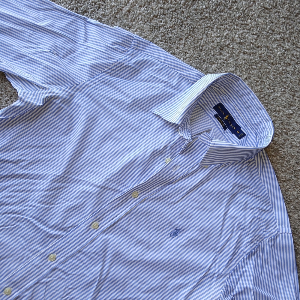 Ralph Lauren Women's Blue and White Striped Button-Down Shirt